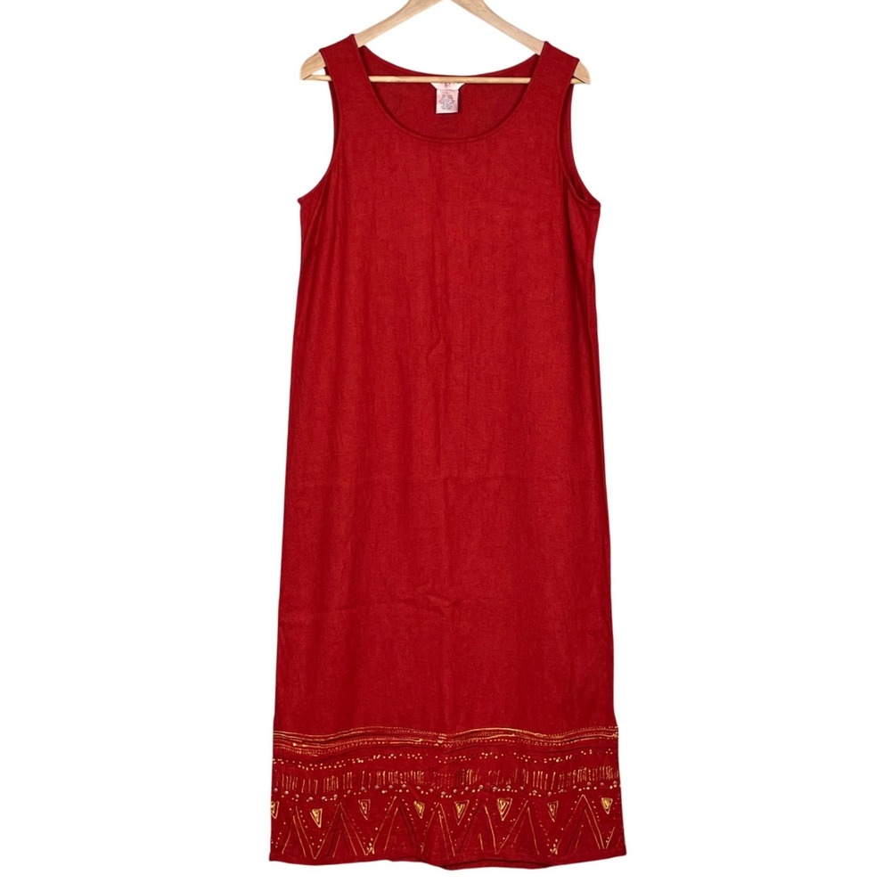 Vintage Red Linen Blend Beaded Hem Maxi Dress Womens L Textured Artsy Casual 90s